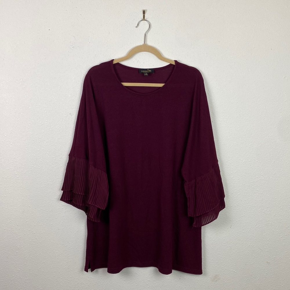 Suzanne Betro | Maroon Pleated Ruffle 3/4 Sleeve Tunic Top 1X